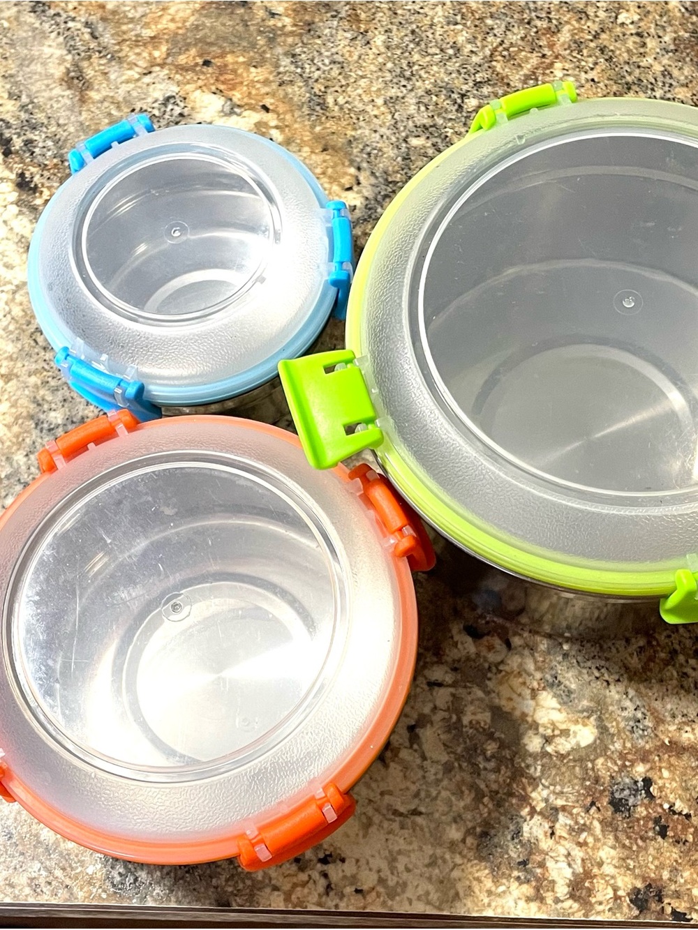 Airtight Round Food Storage Containers - Set with Orange, Blue, and Green Lids